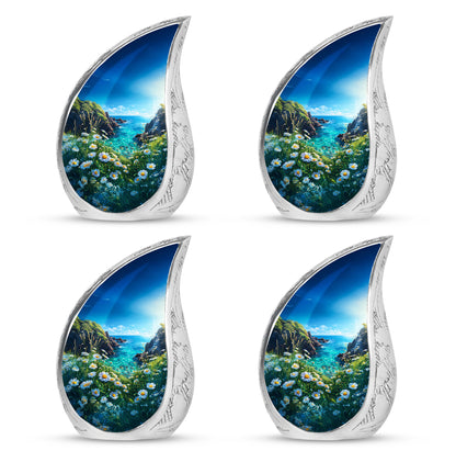 Royal Blue Daisy Cremation Urn close-up of engraving and surface detail - graceful tear-shaped urn with daisy motif - 10 inch aluminum urn for cremated remains