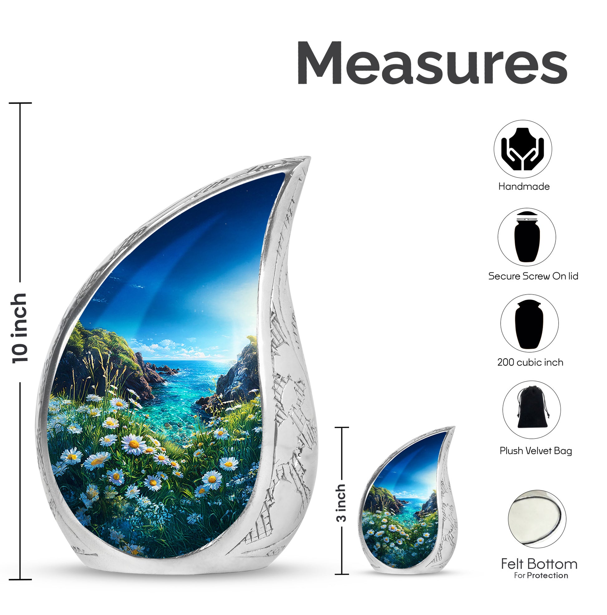 Vivid Blue Daisy Cremation Urn angled view of lid and engraved motif - smooth teardrop contour featuring daisy art - mini keepsake memorial for portion of cremation ashes