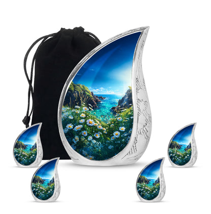 Sapphire Blue Daisy Cremation Urn side profile showing urn shape - smooth teardrop contour featuring daisy art - memorial set with one large and four small urns