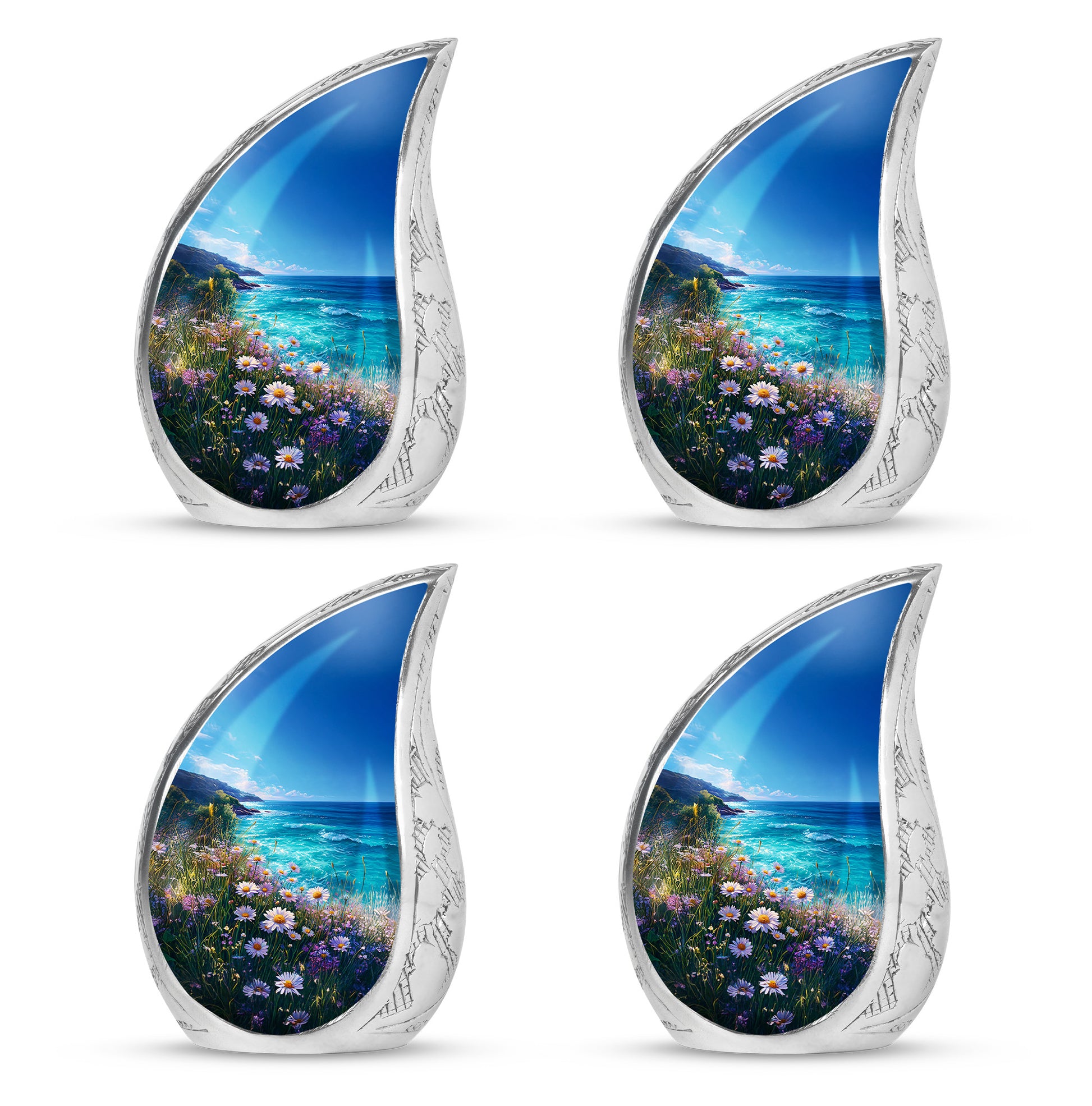Royal Blue Daisy Cremation Urn close-up of engraving and surface detail - smooth teardrop contour featuring daisy art - 10 inch aluminum urn for cremated remains