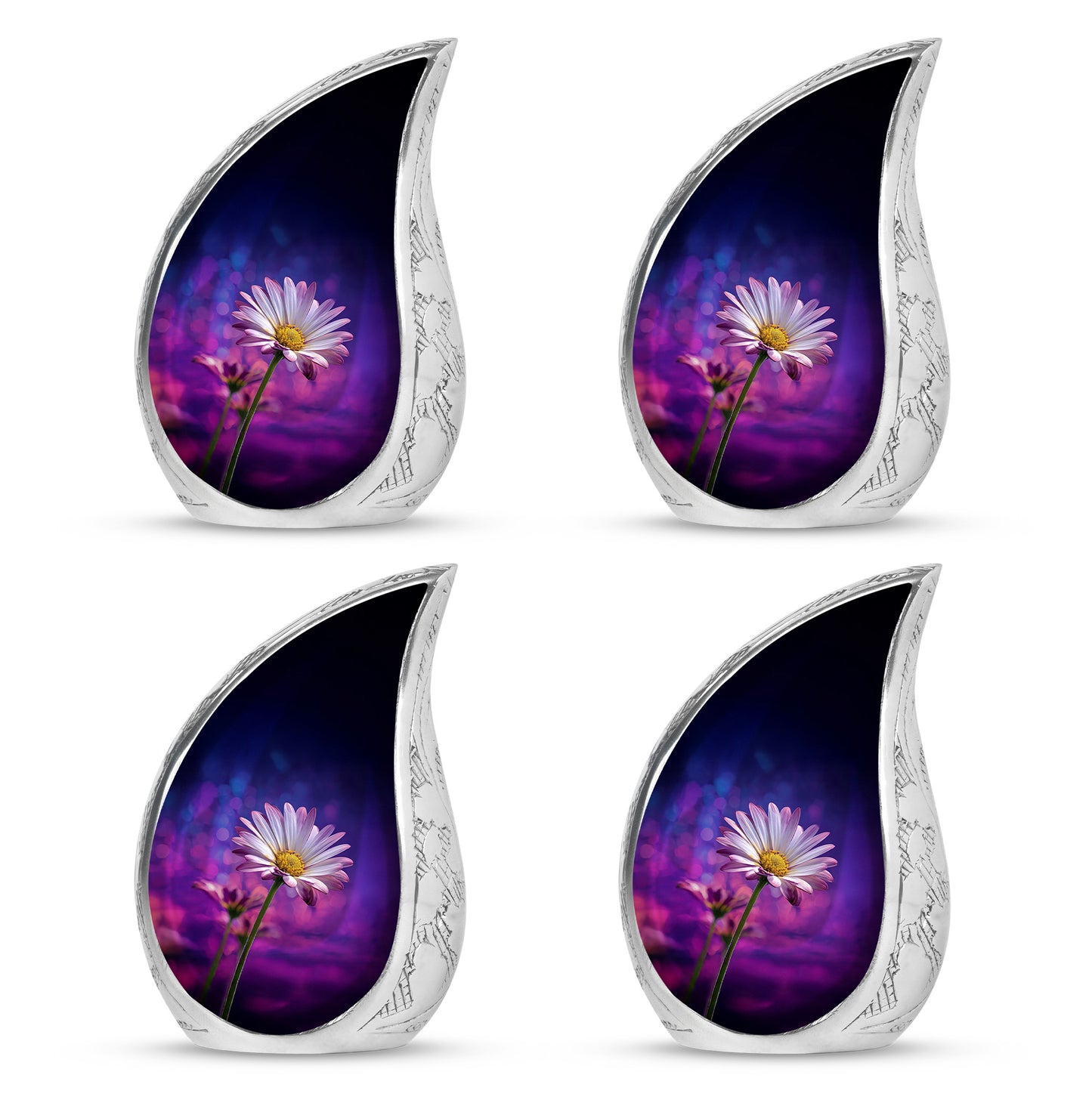 Indigo Daisy Cremation Urn close-up of engraving and surface detail - rounded teardrop daisy design with delicate detail - 10 inch aluminum urn for cremated remains