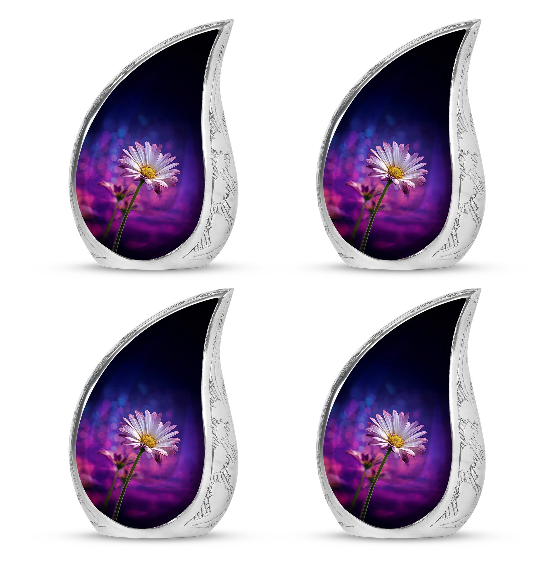 Indigo Daisy Cremation Urn close-up of engraving and surface detail - rounded teardrop daisy design with delicate detail - 10 inch aluminum urn for cremated remains