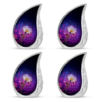Indigo Daisy Cremation Urn close-up of engraving and surface detail - rounded teardrop daisy design with delicate detail - 10 inch aluminum urn for cremated remains