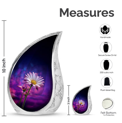 Powder Blue Daisy Cremation Urn angled view of lid and engraved motif - flowing teardrop daisy silhouette on curved aluminum - mini keepsake memorial for portion of cremation ashes