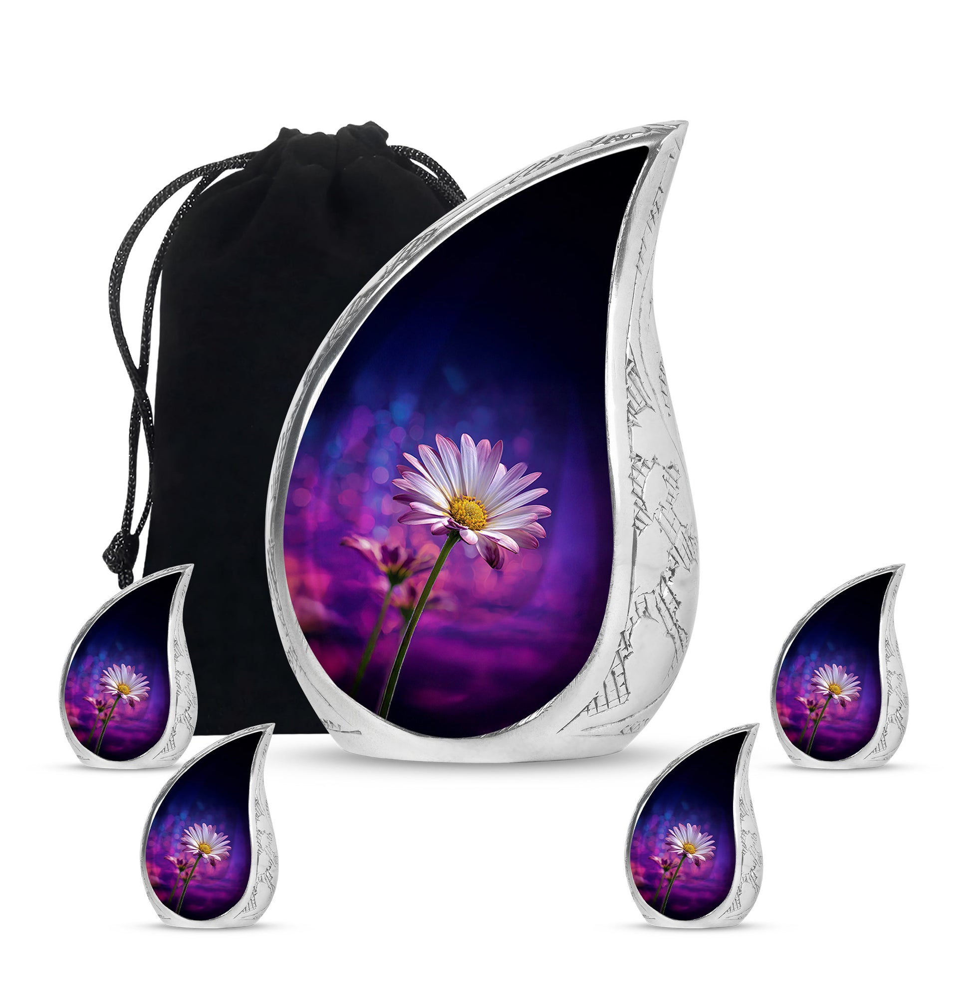 Celestial Blue Daisy Cremation Urn side profile showing urn shape - rounded teardrop daisy design with delicate detail - memorial set with one large and four small urns