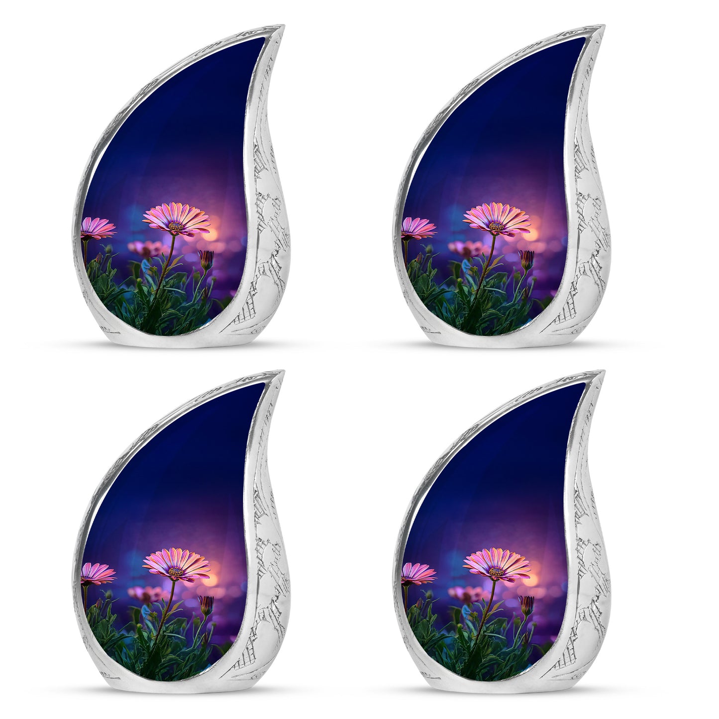 Sky Blue Daisy Cremation Urn close-up of engraving and surface detail - flowing teardrop daisy silhouette on curved aluminum - 10 inch aluminum urn for cremated remains