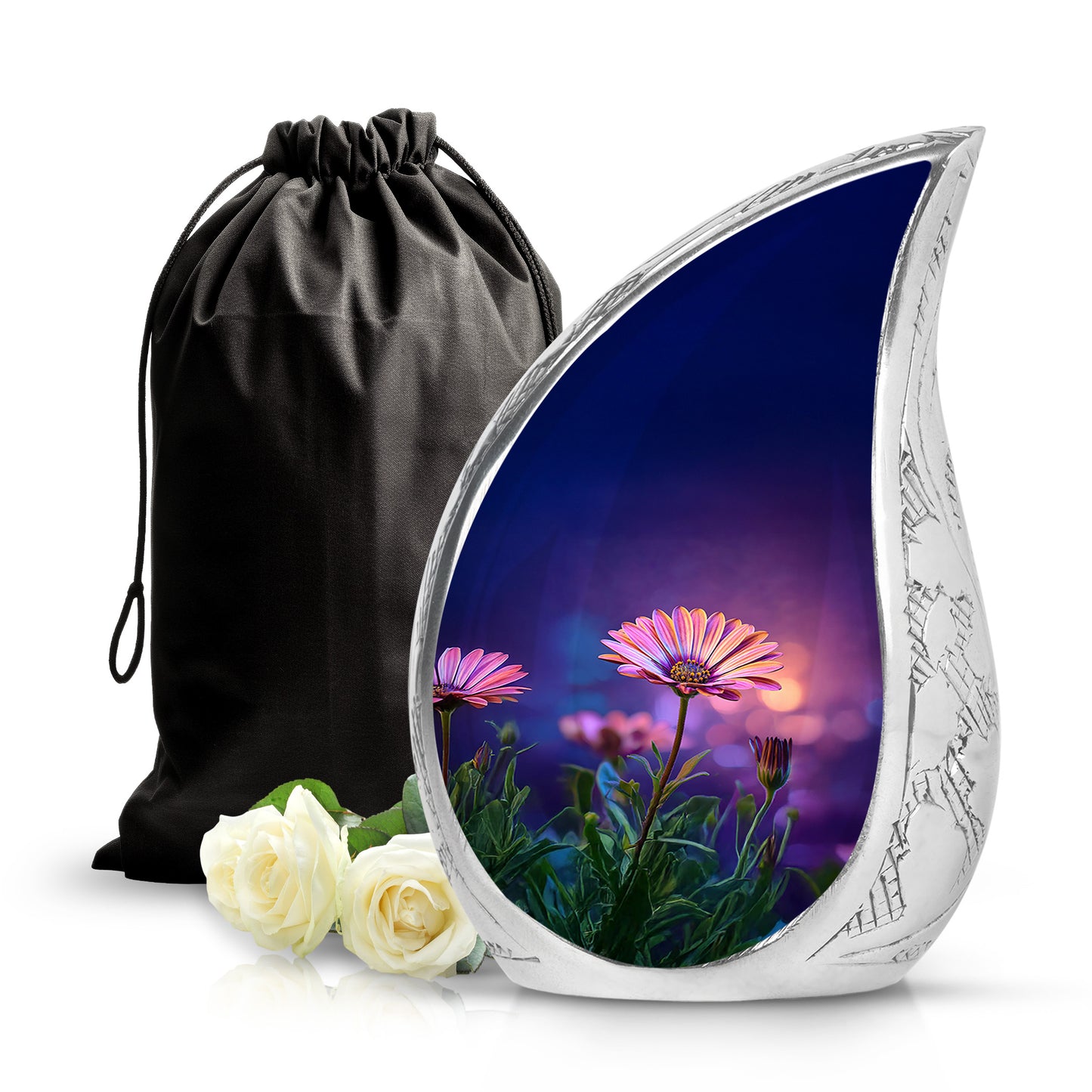 Icy Blue Daisy Cremation Urn front view showing detailed design - rounded teardrop daisy design with delicate detail - full-size 10 inch 200 cubic inch adult cremation urn