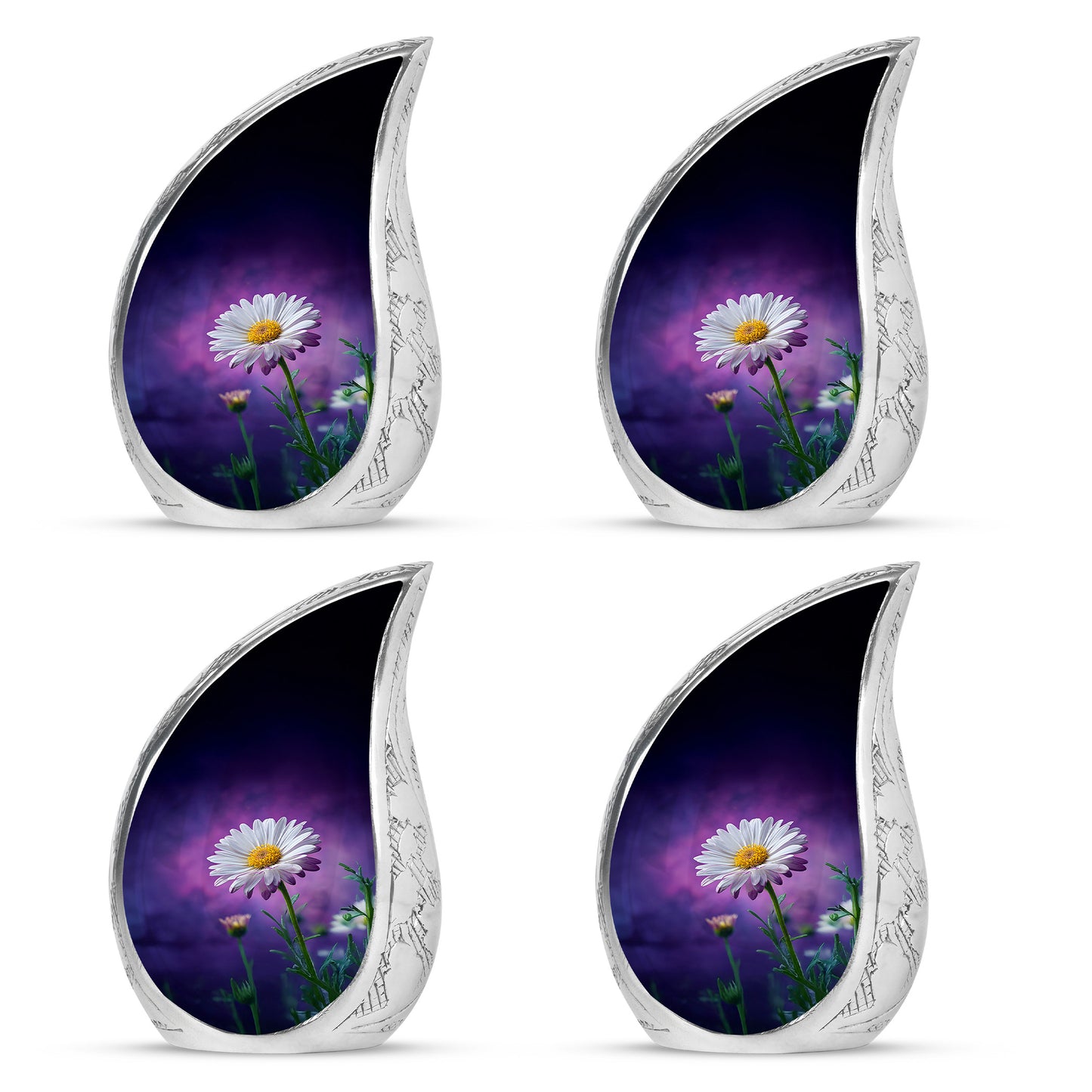 Plum Purple Daisy Cremation Urn close-up of engraving and surface detail - rounded teardrop daisy design with delicate detail - 10 inch aluminum urn for cremated remains