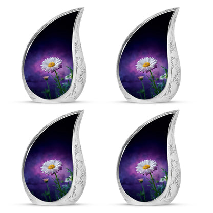 Plum Purple Daisy Cremation Urn close-up of engraving and surface detail - rounded teardrop daisy design with delicate detail - 10 inch aluminum urn for cremated remains