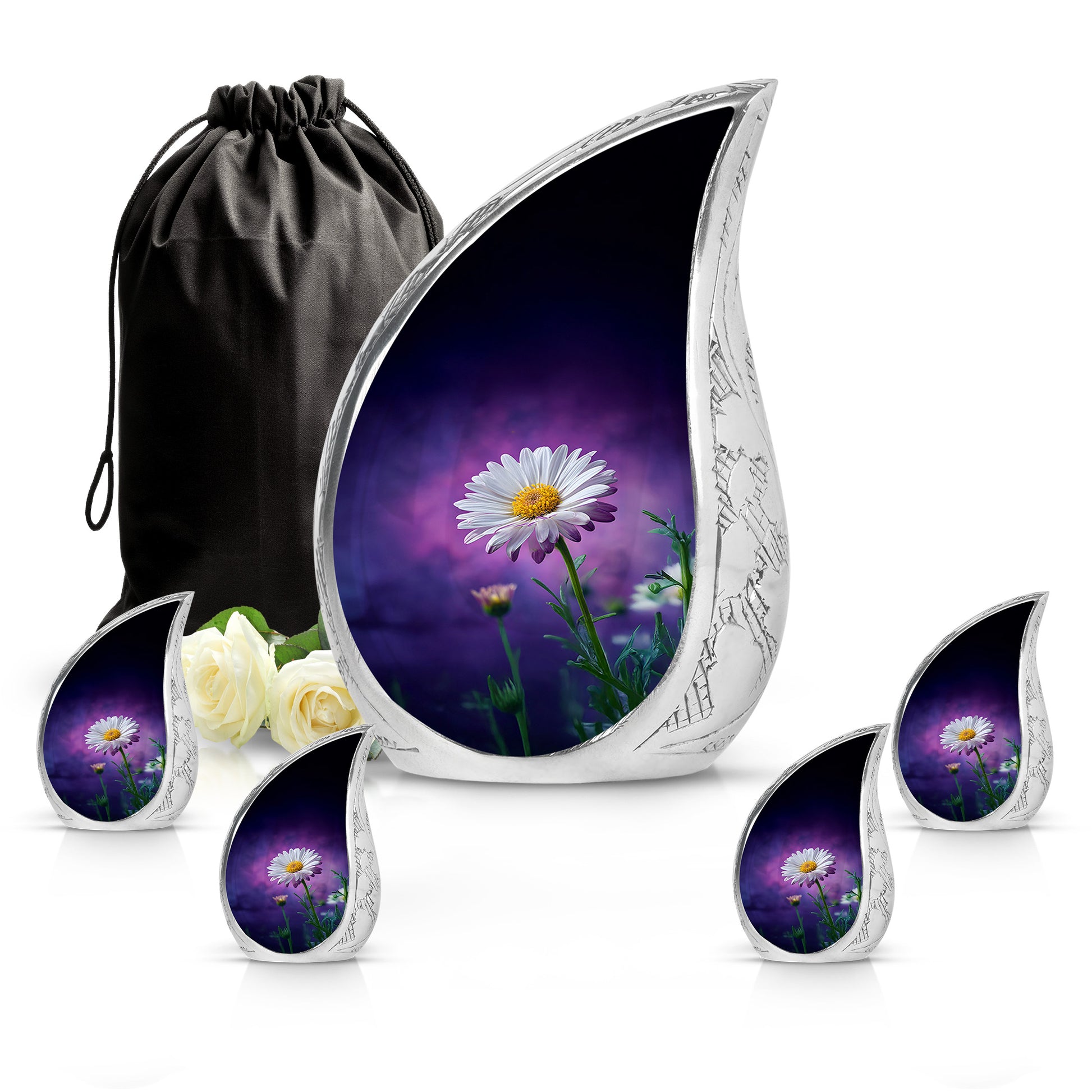 Majestic Purple Daisy Cremation Urn side profile showing urn shape - rounded teardrop daisy design with delicate detail - memorial set with one large and four small urns