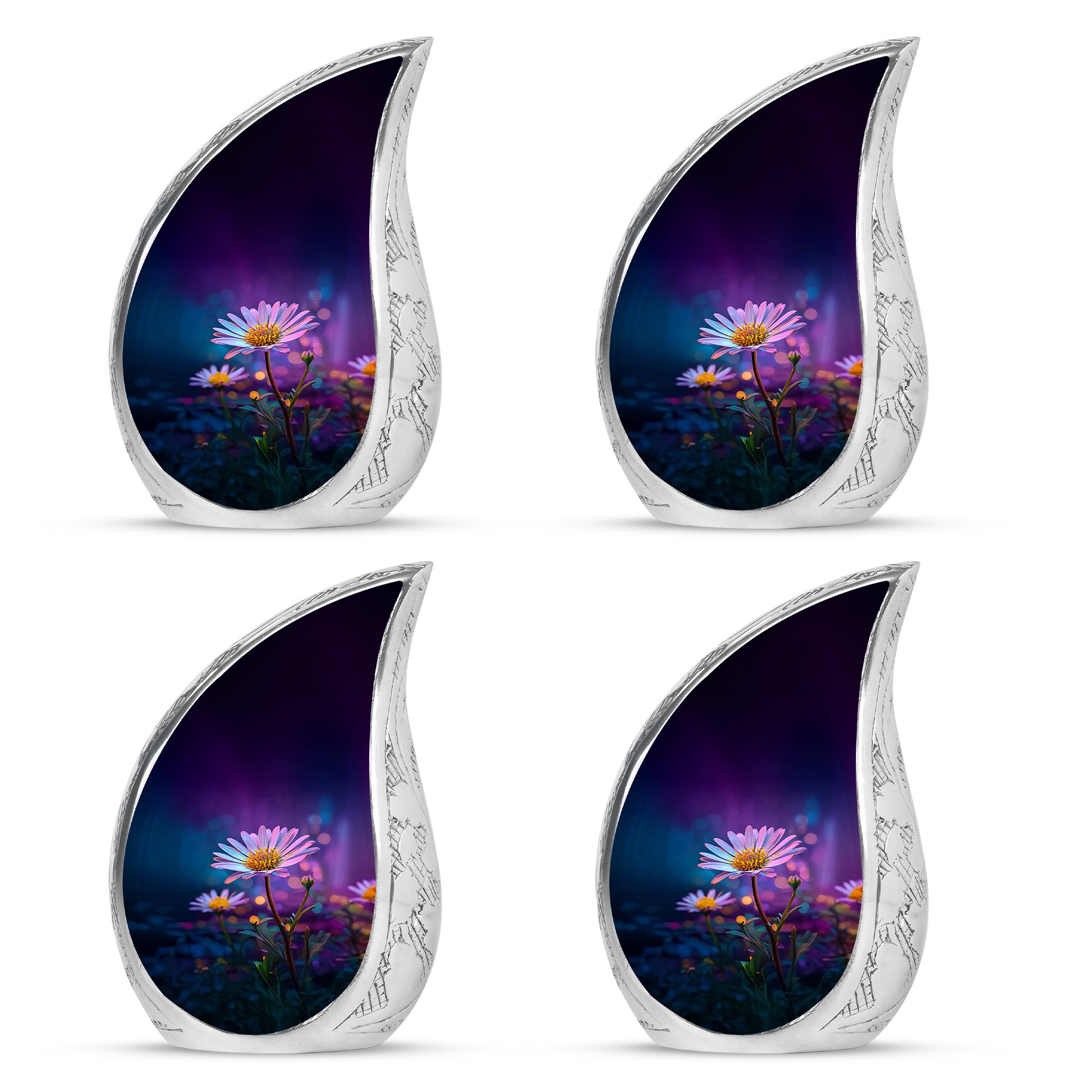 Royal Purple Daisy Cremation Urn close-up of engraving and surface detail - smooth teardrop contour featuring daisy art - 10 inch aluminum urn for cremated remains