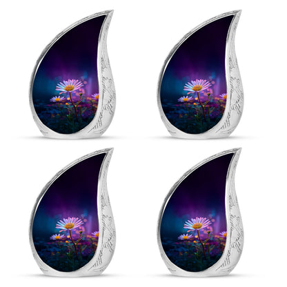 Royal Purple Daisy Cremation Urn close-up of engraving and surface detail - smooth teardrop contour featuring daisy art - 10 inch aluminum urn for cremated remains