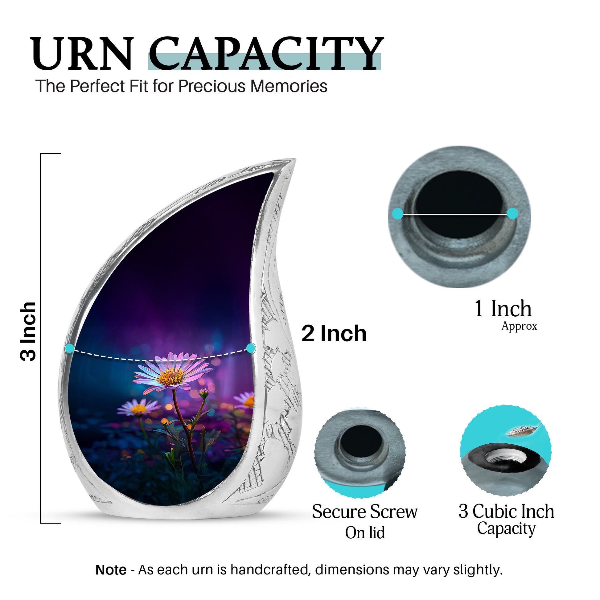 Lavender Purple Daisy Cremation Urn angled view of lid and engraved motif - smooth teardrop contour featuring daisy art - mini keepsake memorial for portion of cremation ashes