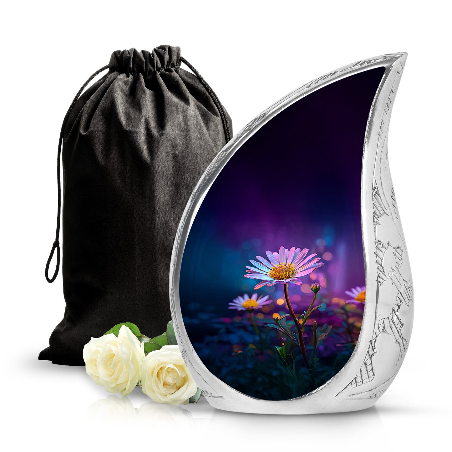 Lavender Purple Daisy Cremation Urn front view showing detailed design - graceful tear-shaped urn with daisy motif - full-size 10 inch 200 cubic inch adult cremation urn