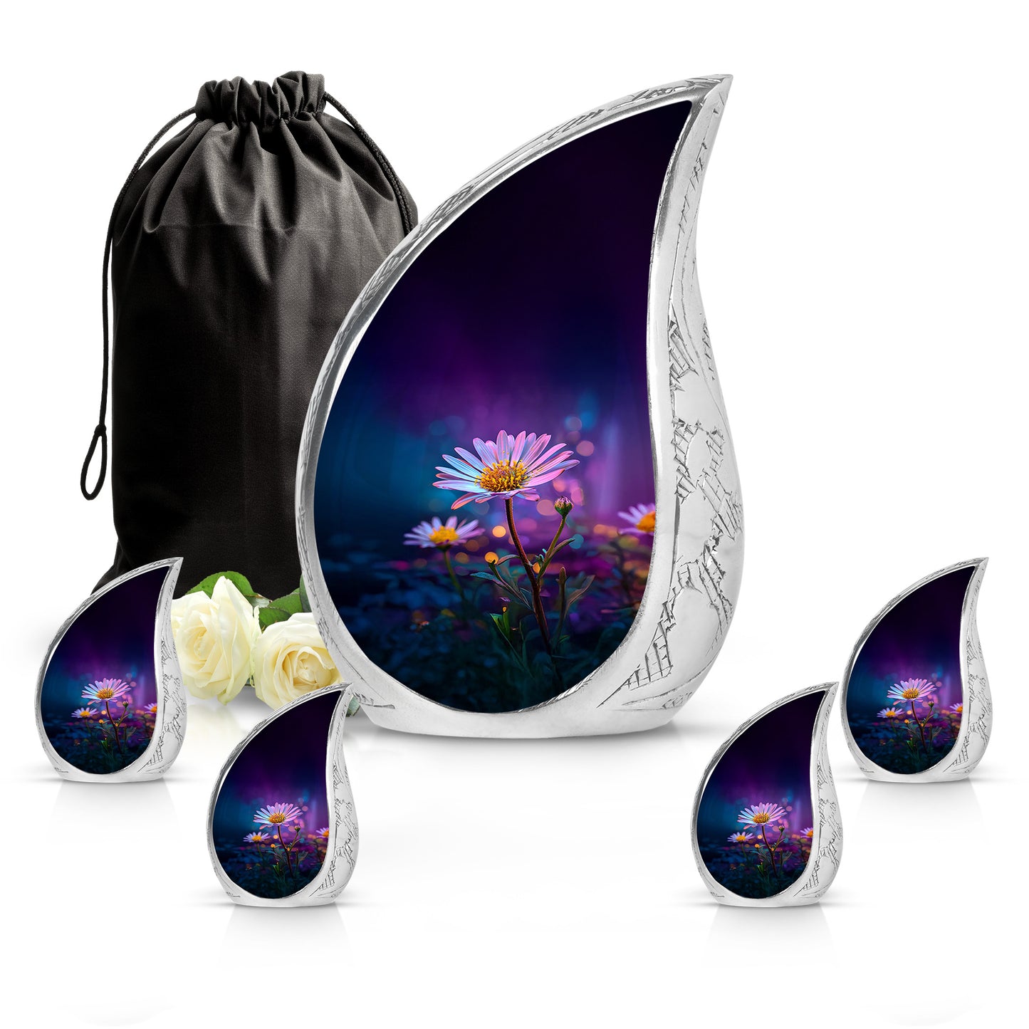 Plum Purple Daisy Cremation Urn side profile showing urn shape - flowing teardrop daisy silhouette on curved aluminum - memorial set with one large and four small urns