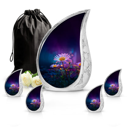 Plum Purple Daisy Cremation Urn side profile showing urn shape - flowing teardrop daisy silhouette on curved aluminum - memorial set with one large and four small urns