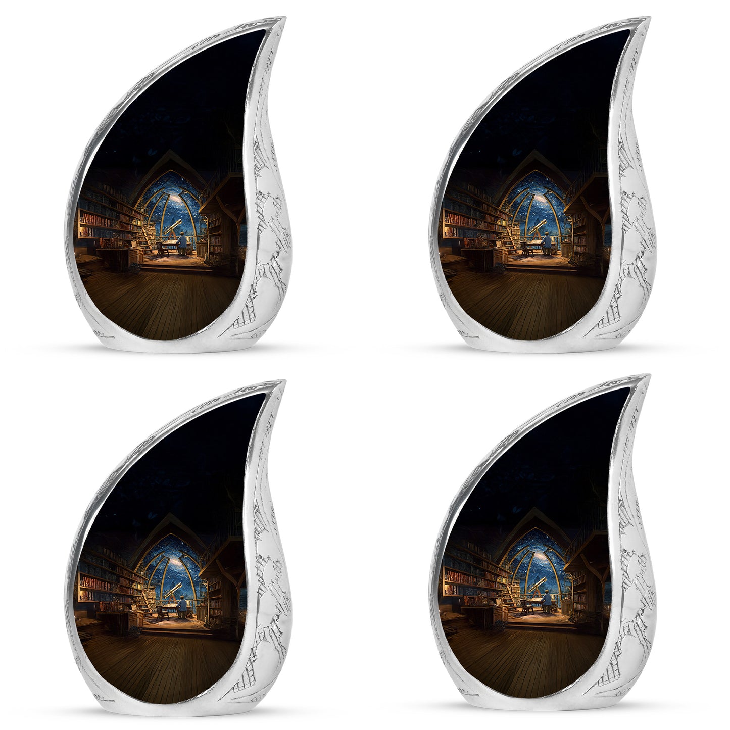 Dusty Blue Angel Cremation Urn detail view angle 11 - rounded teardrop angel design with delicate detail - 10 inch aluminum urn for cremated remains