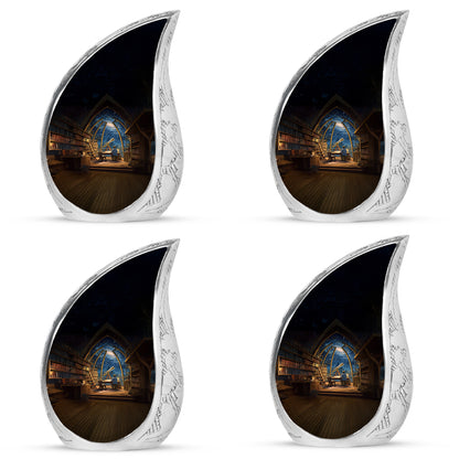 Dusty Blue Angel Cremation Urn detail view angle 11 - rounded teardrop angel design with delicate detail - 10 inch aluminum urn for cremated remains