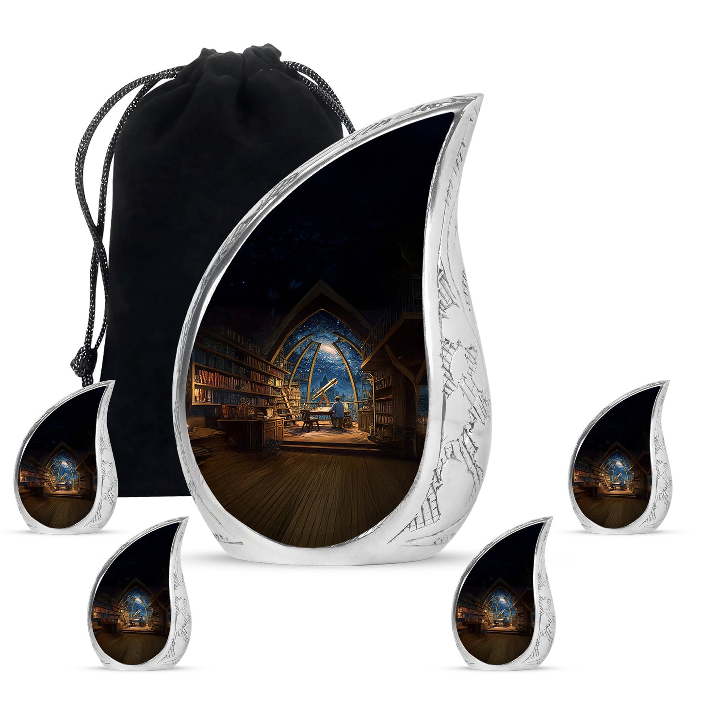 Steel Blue Angel Cremation Urn detail view angle 12 - smooth teardrop contour featuring angel art - memorial set with one large and four small urns