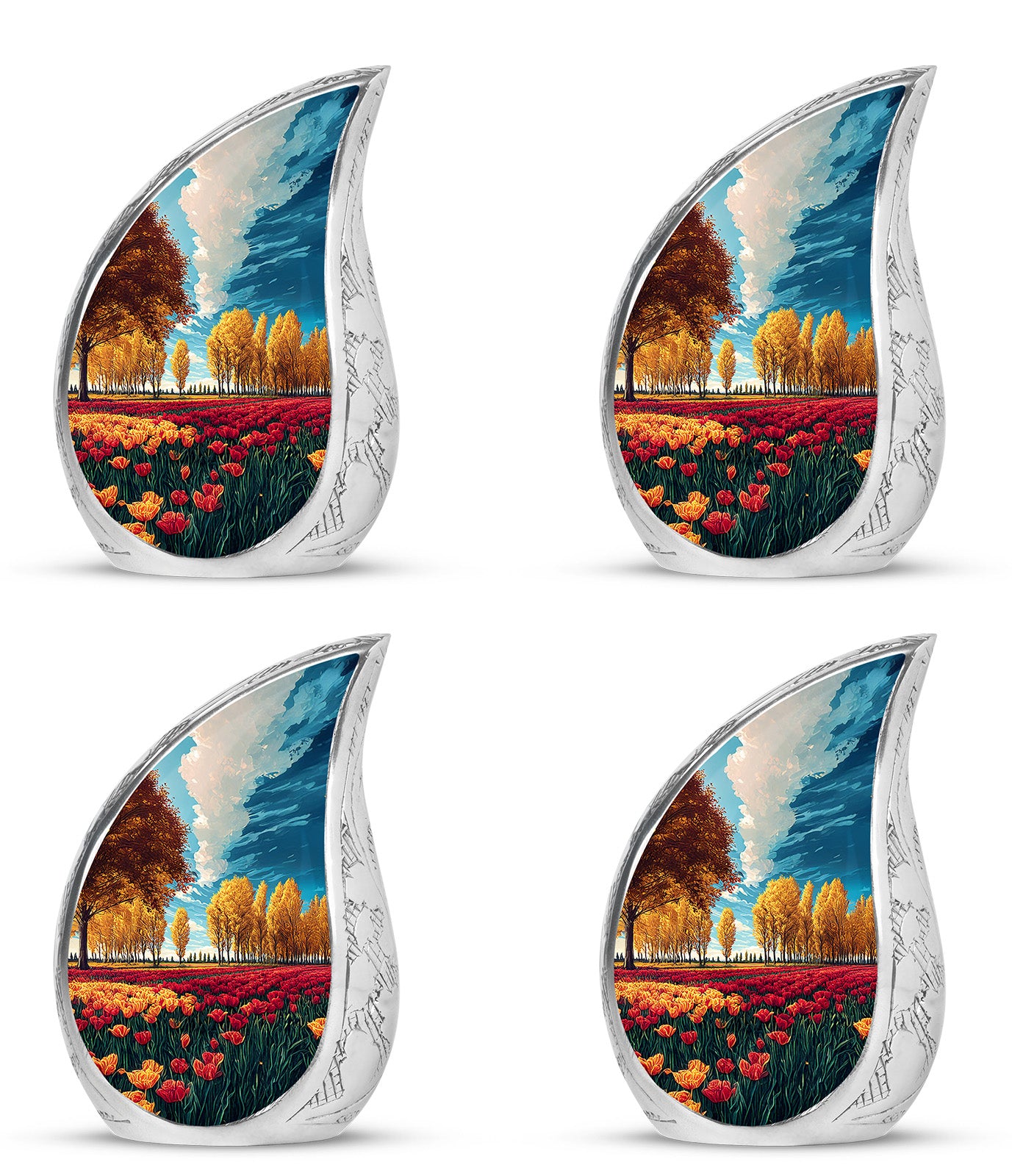 Ocean Teal Garden Tulip Cremation Urn close-up of engraving and surface detail - flowing teardrop garden tulip silhouette on curved aluminum - 10 inch aluminum urn for cremated remains