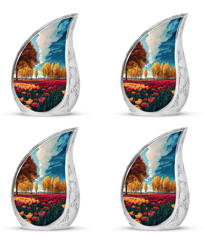 Ocean Teal Garden Tulip Cremation Urn close-up of engraving and surface detail - flowing teardrop garden tulip silhouette on curved aluminum - 10 inch aluminum urn for cremated remains