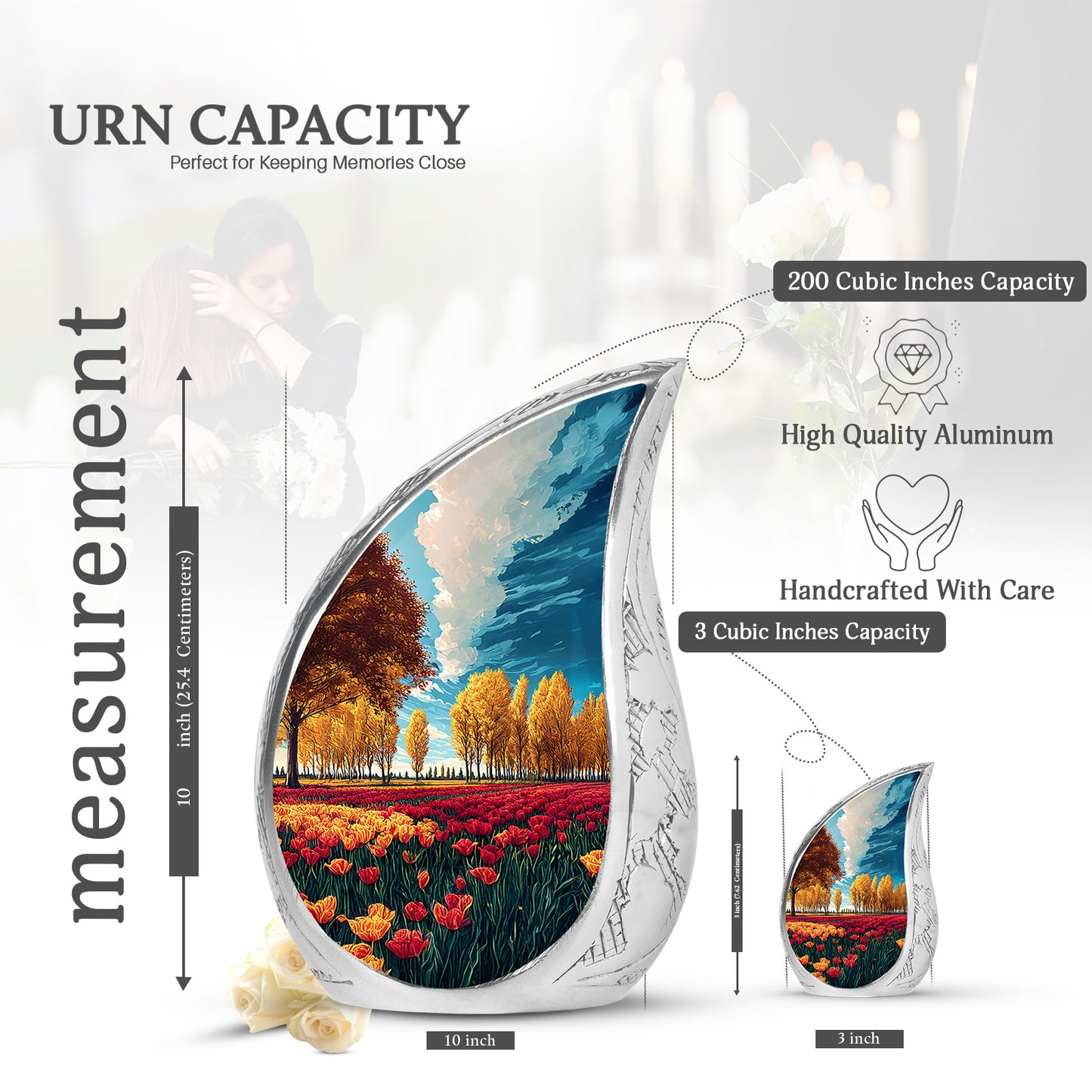 Tropical Teal Garden Tulip Cremation Urn angled view of lid and engraved motif - graceful tear-shaped urn with garden tulip motif - mini keepsake memorial for portion of cremation ashes