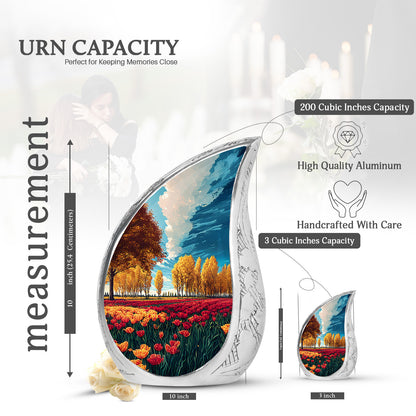 Tropical Teal Garden Tulip Cremation Urn angled view of lid and engraved motif - graceful tear-shaped urn with garden tulip motif - mini keepsake memorial for portion of cremation ashes