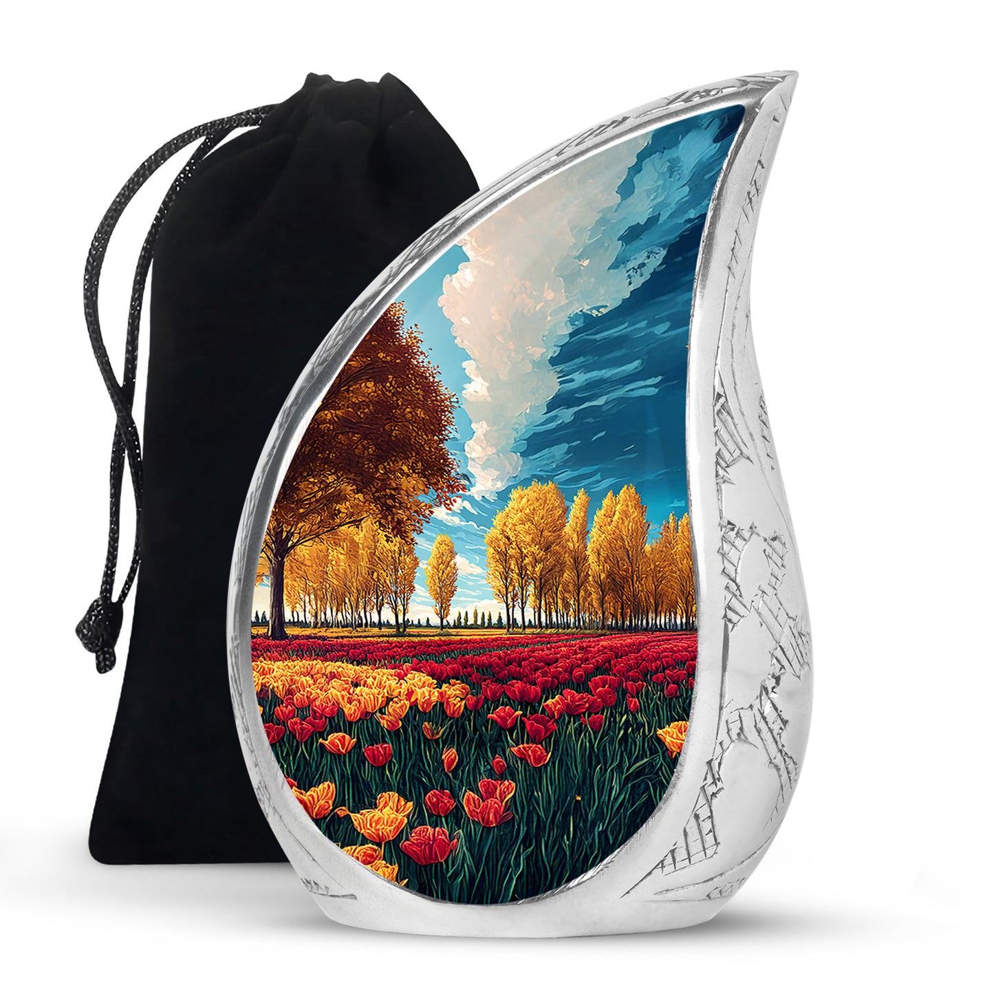 Mystic Teal Garden Tulip Cremation Urn front view showing detailed design - smooth teardrop contour featuring garden tulip art - full-size 10 inch 200 cubic inch adult cremation urn