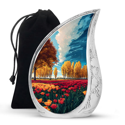Mystic Teal Garden Tulip Cremation Urn front view showing detailed design - smooth teardrop contour featuring garden tulip art - full-size 10 inch 200 cubic inch adult cremation urn