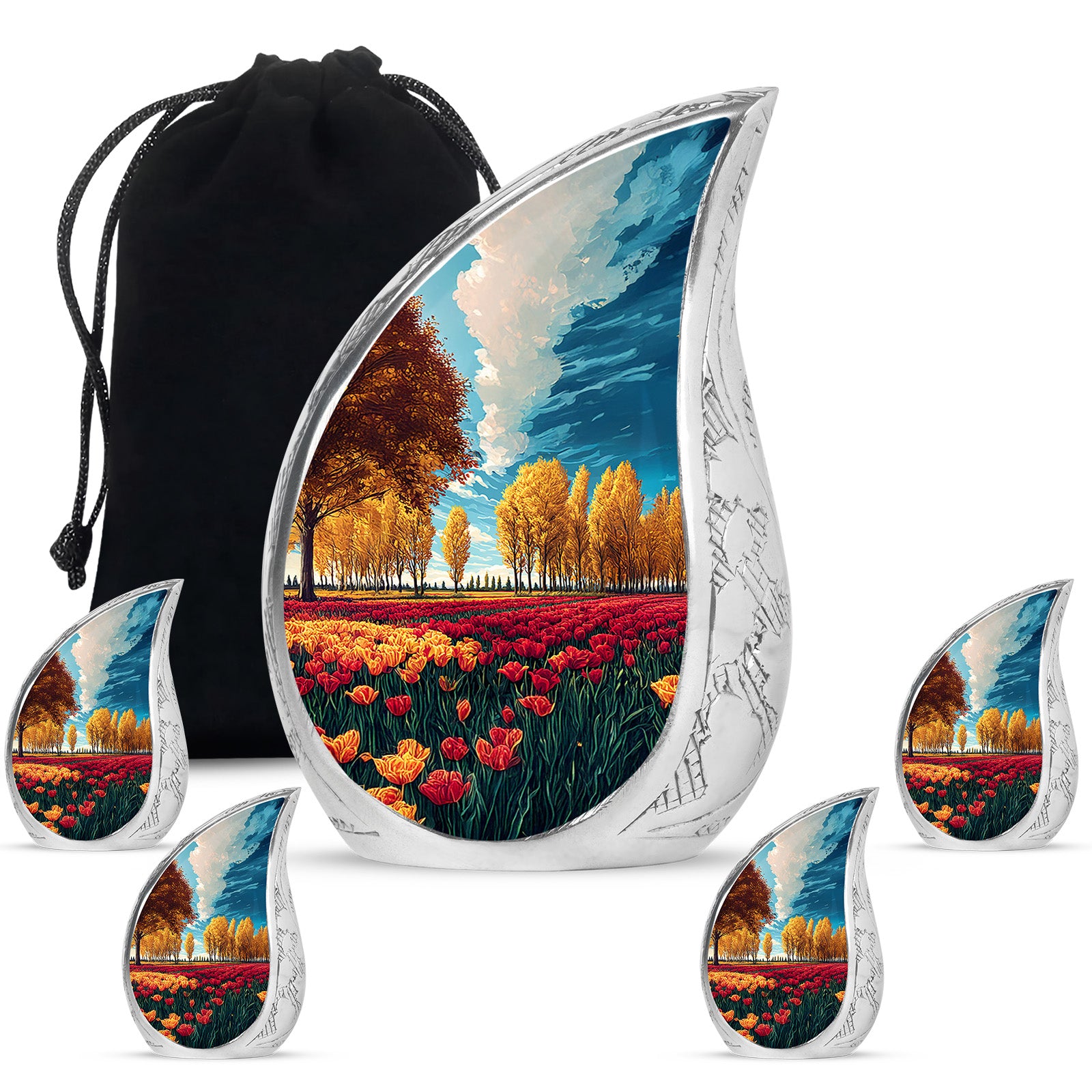 Tropical Teal Garden Tulip Cremation Urn side profile showing urn shape - graceful tear-shaped urn with garden tulip motif - memorial set with one large and four small urns