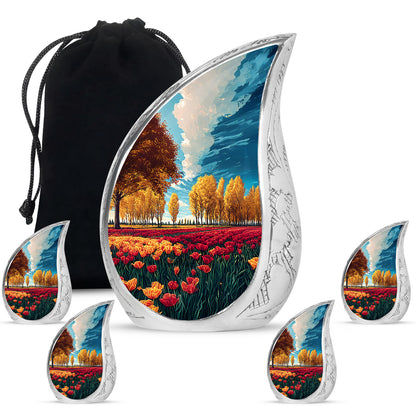 Tropical Teal Garden Tulip Cremation Urn side profile showing urn shape - graceful tear-shaped urn with garden tulip motif - memorial set with one large and four small urns