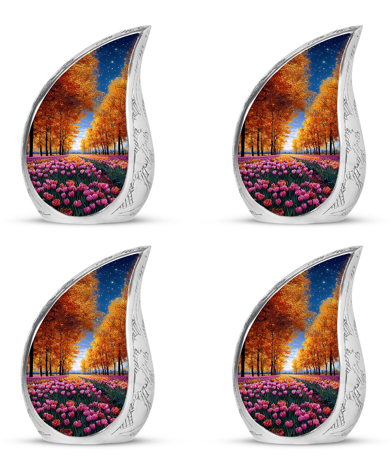Warm Gold Garden Tulip Cremation Urn close-up of engraving and surface detail - graceful tear-shaped urn with garden tulip motif - 10 inch aluminum urn for cremated remains