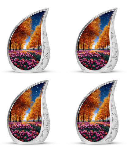 Warm Gold Garden Tulip Cremation Urn close-up of engraving and surface detail - graceful tear-shaped urn with garden tulip motif - 10 inch aluminum urn for cremated remains