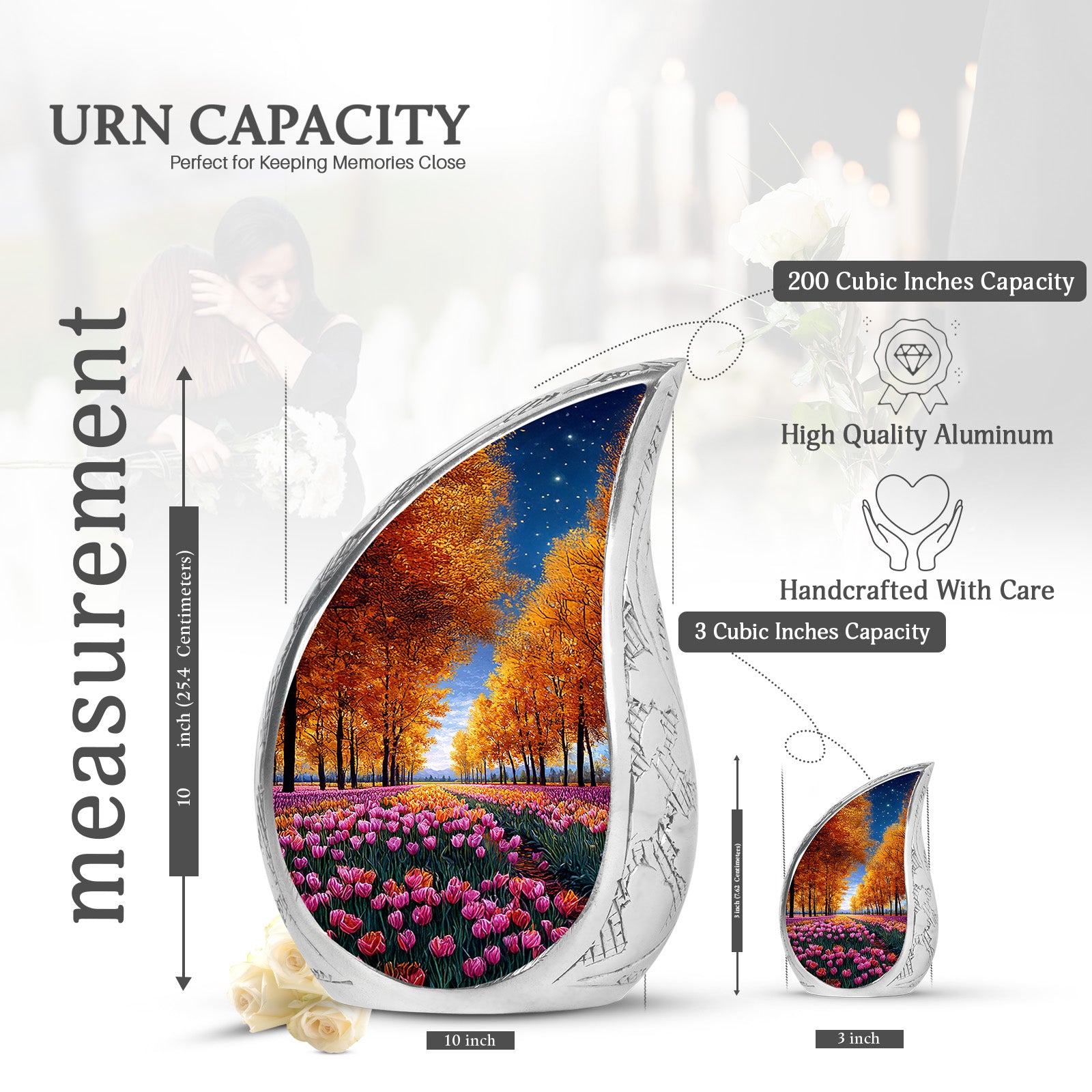 Sunrise Gold Garden Tulip Cremation Urn angled view of lid and engraved motif - flowing teardrop garden tulip silhouette on curved aluminum - mini keepsake memorial for portion of cremation ashes