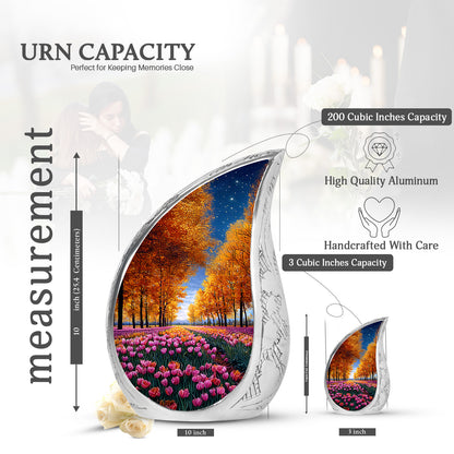 Sunrise Gold Garden Tulip Cremation Urn angled view of lid and engraved motif - flowing teardrop garden tulip silhouette on curved aluminum - mini keepsake memorial for portion of cremation ashes