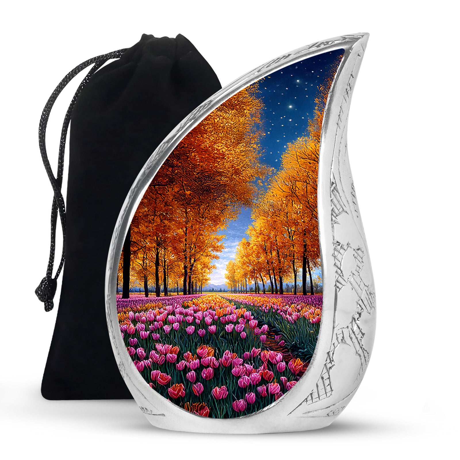 Warm Gold Garden Tulip Cremation Urn front view showing detailed design - smooth teardrop contour featuring garden tulip art - full-size 10 inch 200 cubic inch adult cremation urn