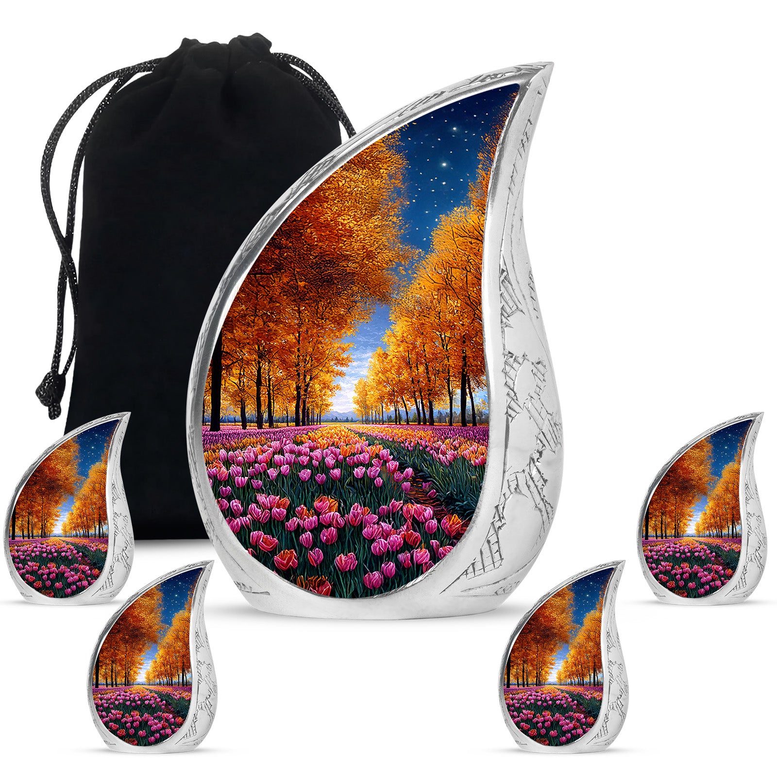 Antique Gold Garden Tulip Cremation Urn side profile showing urn shape - flowing teardrop garden tulip silhouette on curved aluminum - memorial set with one large and four small urns