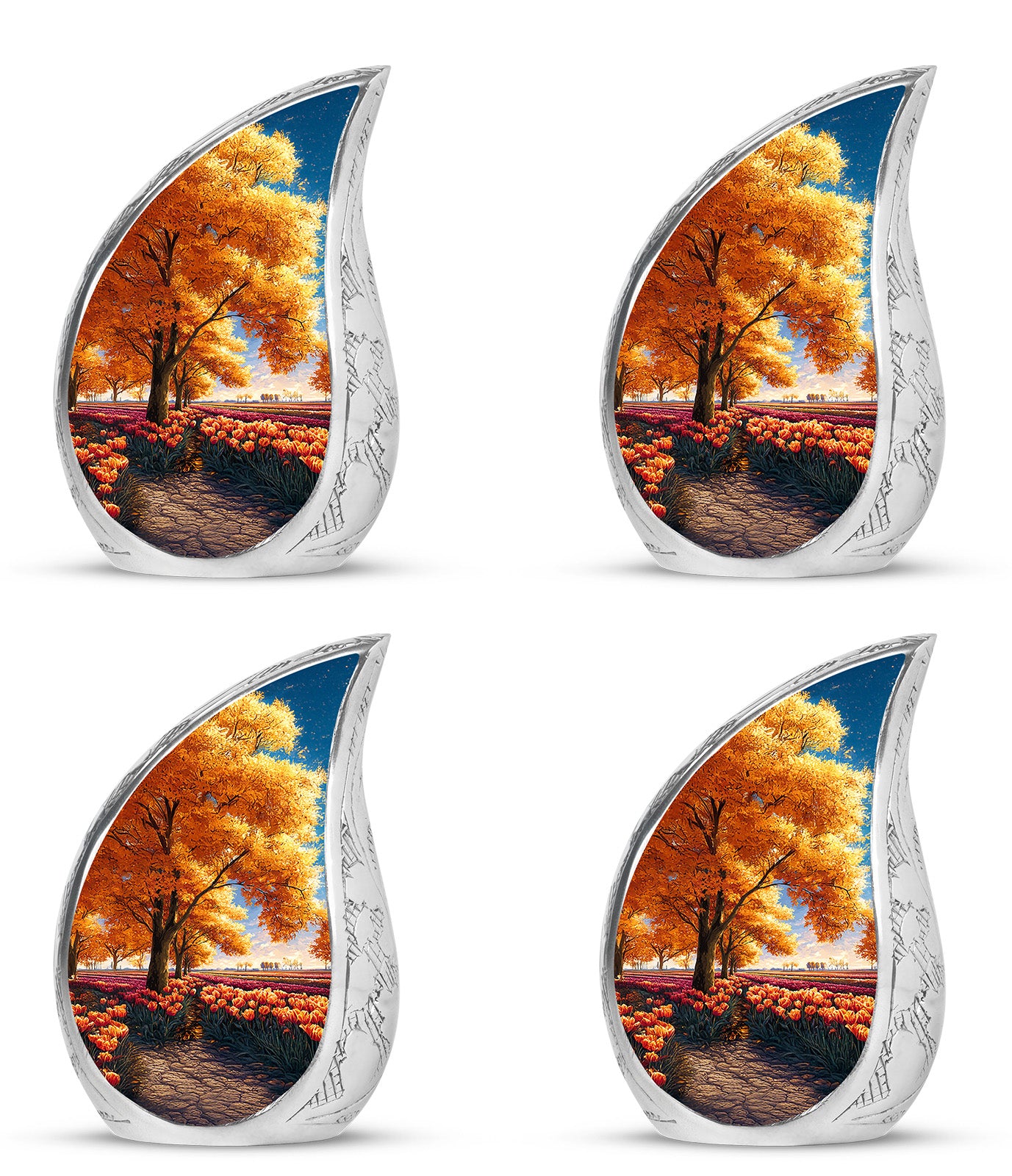 Champagne Gold Garden Tulip Cremation Urn close-up of engraving and surface detail - rounded teardrop garden tulip design with delicate detail - 10 inch aluminum urn for cremated remains