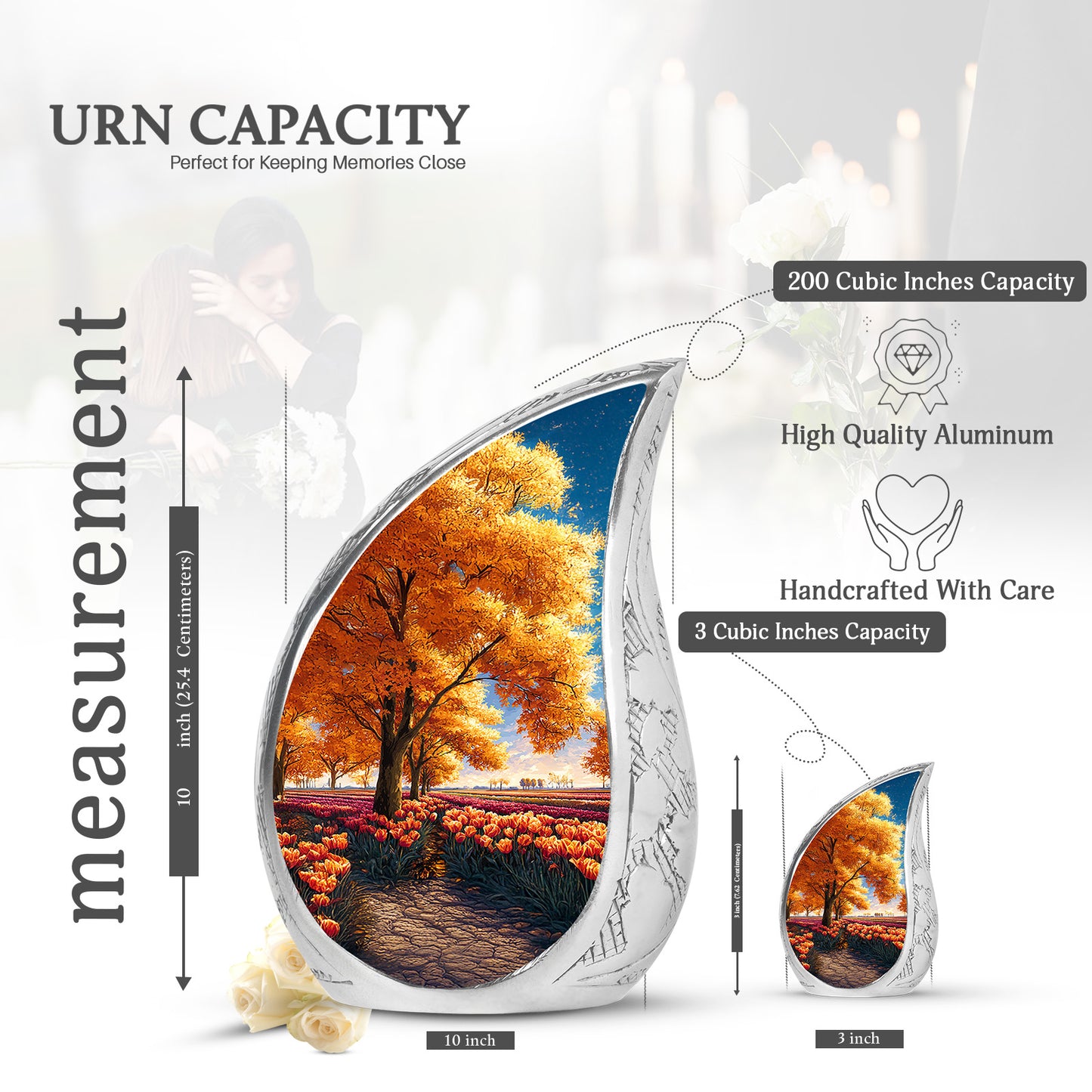 Matte Gold Garden Tulip Cremation Urn angled view of lid and engraved motif - smooth teardrop contour featuring garden tulip art - mini keepsake memorial for portion of cremation ashes