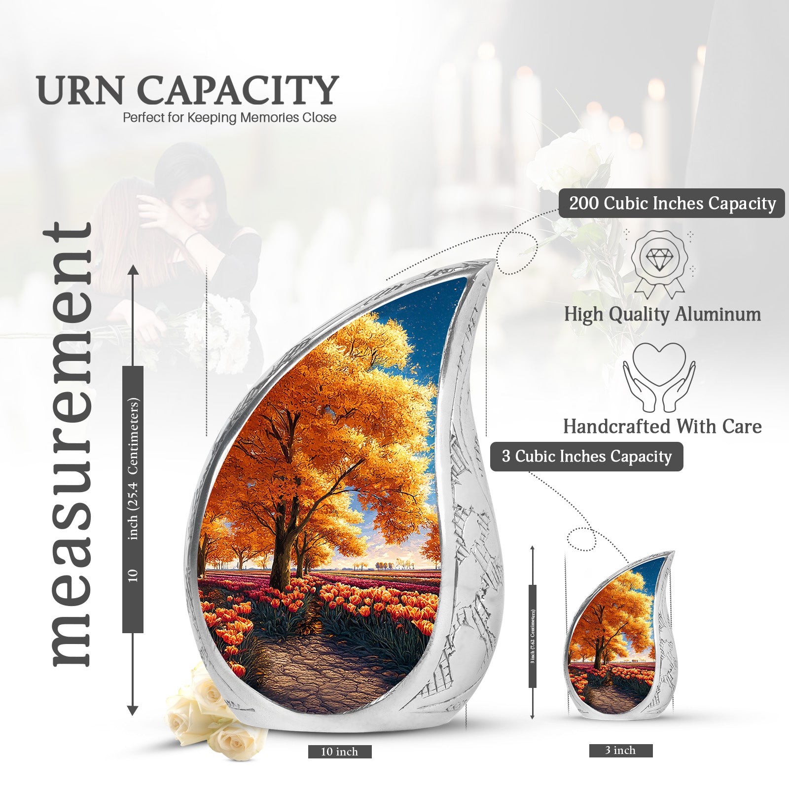 Matte Gold Garden Tulip Cremation Urn angled view of lid and engraved motif - smooth teardrop contour featuring garden tulip art - mini keepsake memorial for portion of cremation ashes