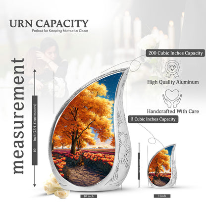 Matte Gold Garden Tulip Cremation Urn angled view of lid and engraved motif - smooth teardrop contour featuring garden tulip art - mini keepsake memorial for portion of cremation ashes