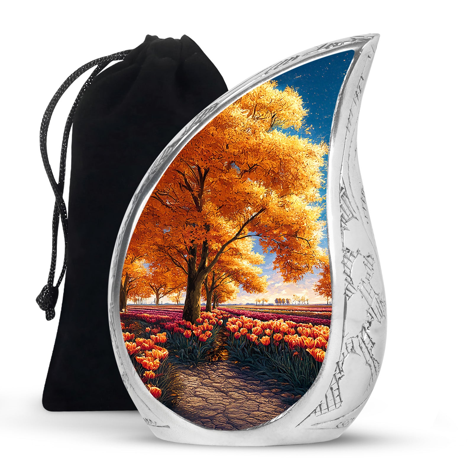 Antique Gold Garden Tulip Cremation Urn front view showing detailed design - flowing teardrop garden tulip silhouette on curved aluminum - full-size 10 inch 200 cubic inch adult cremation urn