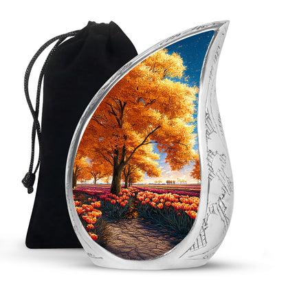 Antique Gold Garden Tulip Cremation Urn front view showing detailed design - flowing teardrop garden tulip silhouette on curved aluminum - full-size 10 inch 200 cubic inch adult cremation urn