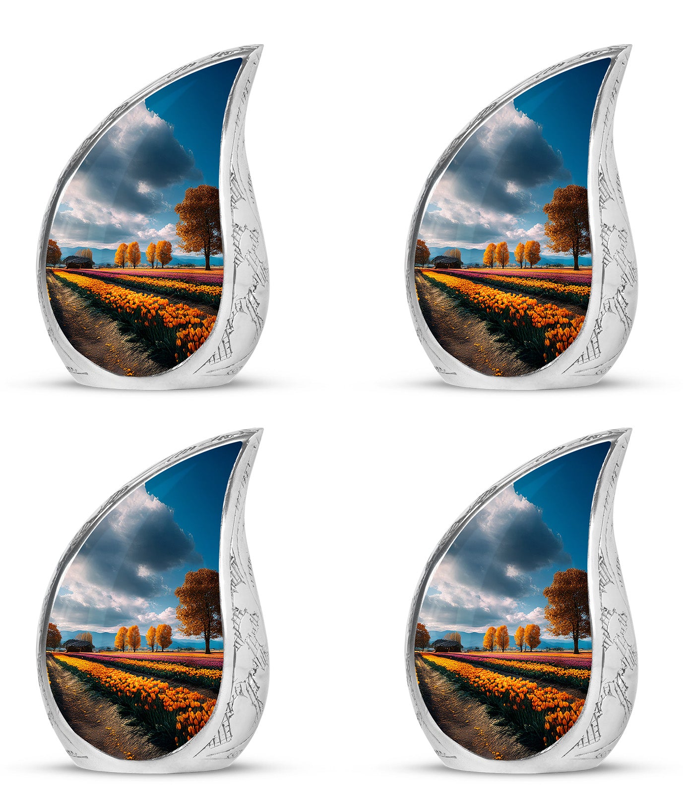 Dusty Blue Garden Tulip Cremation Urn close-up of engraving and surface detail - flowing teardrop garden tulip silhouette on curved aluminum - 10 inch aluminum urn for cremated remains