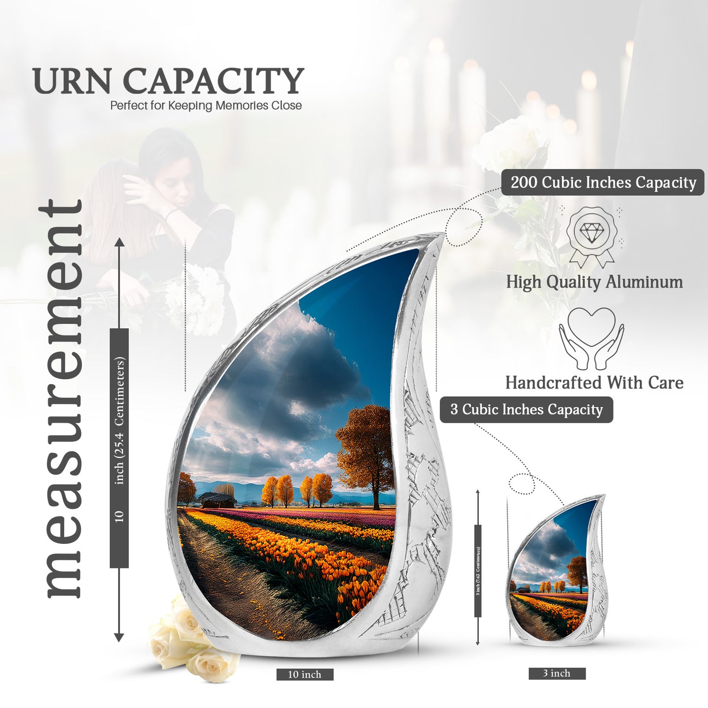 Indigo Garden Tulip Cremation Urn angled view of lid and engraved motif - flowing teardrop garden tulip silhouette on curved aluminum - mini keepsake memorial for portion of cremation ashes