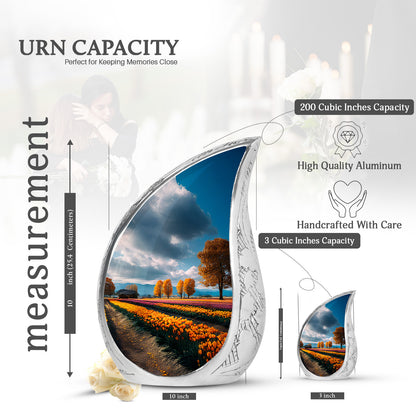 Indigo Garden Tulip Cremation Urn angled view of lid and engraved motif - flowing teardrop garden tulip silhouette on curved aluminum - mini keepsake memorial for portion of cremation ashes
