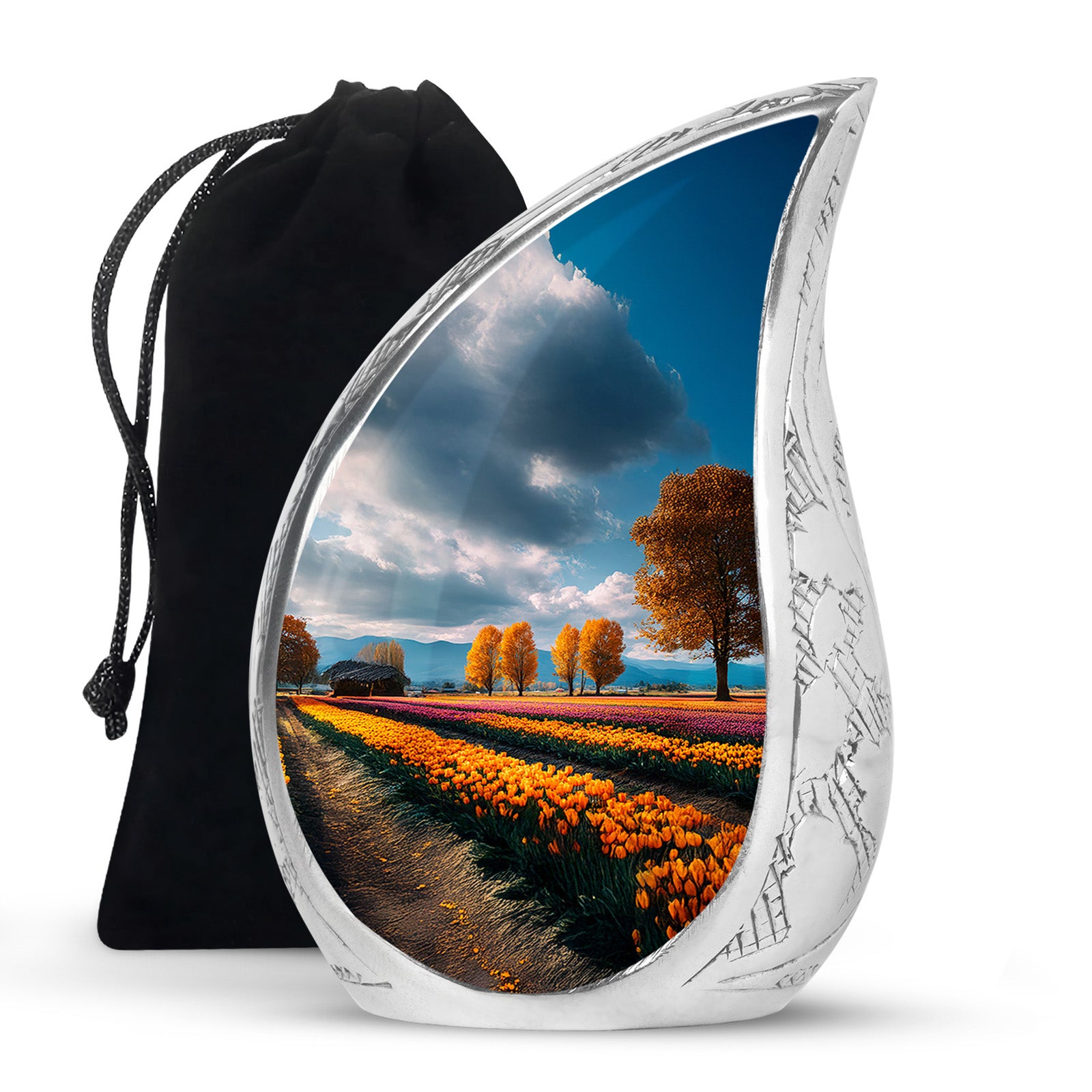 Slate Blue Garden Tulip Cremation Urn front view showing detailed design - rounded teardrop garden tulip design with delicate detail - full-size 10 inch 200 cubic inch adult cremation urn
