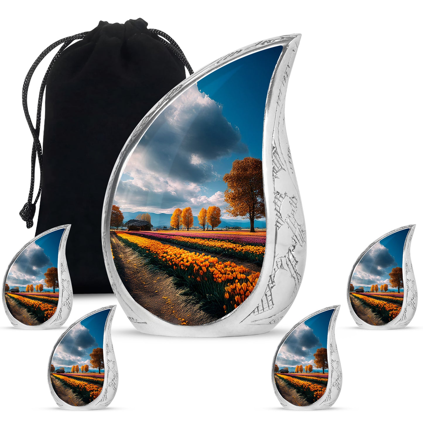 Sky Blue Garden Tulip Cremation Urn side profile showing urn shape - rounded teardrop garden tulip design with delicate detail - memorial set with one large and four small urns