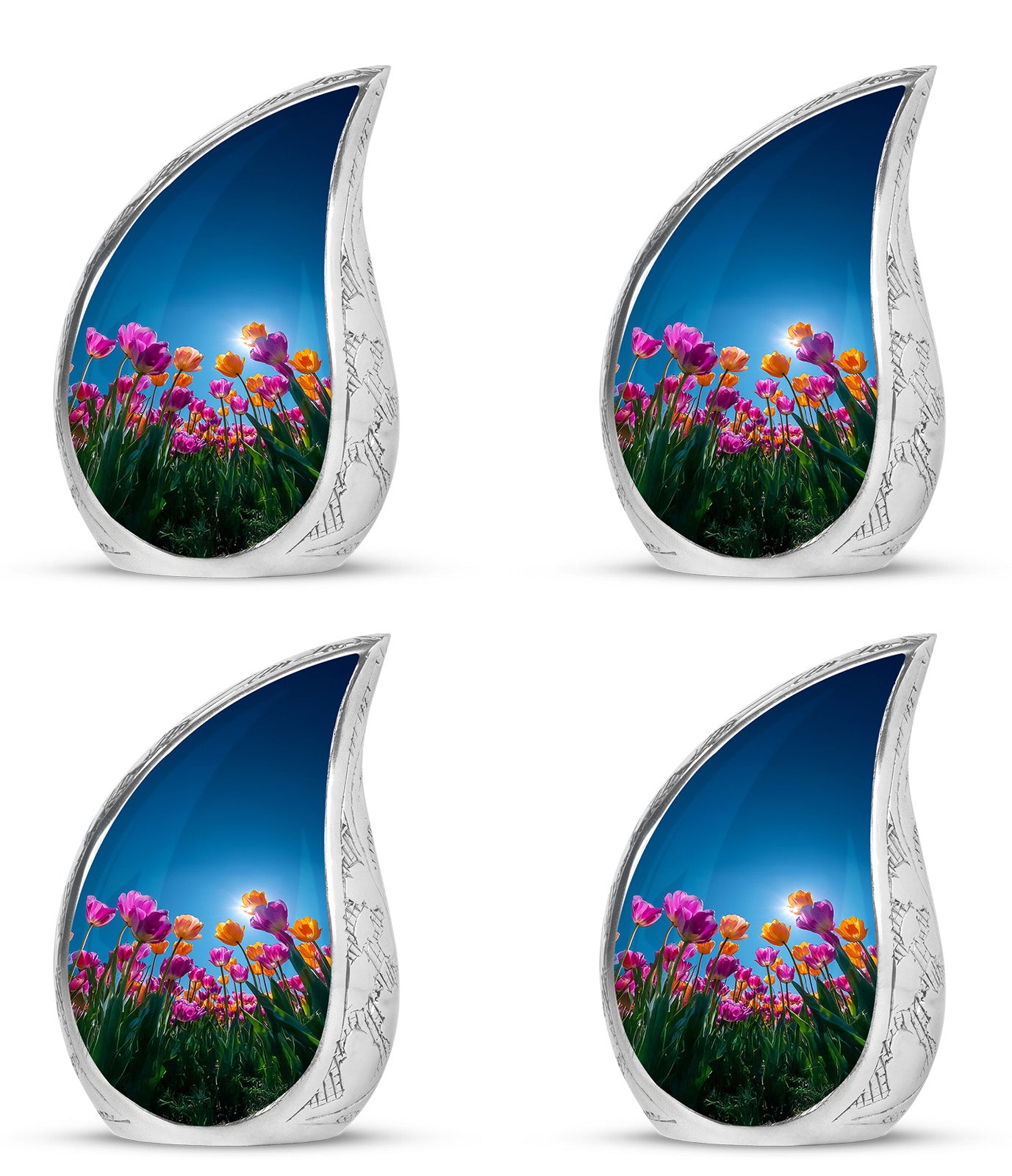 Serene Blue Garden Tulip Cremation Urn close-up of engraving and surface detail - smooth teardrop contour featuring garden tulip art - 10 inch aluminum urn for cremated remains