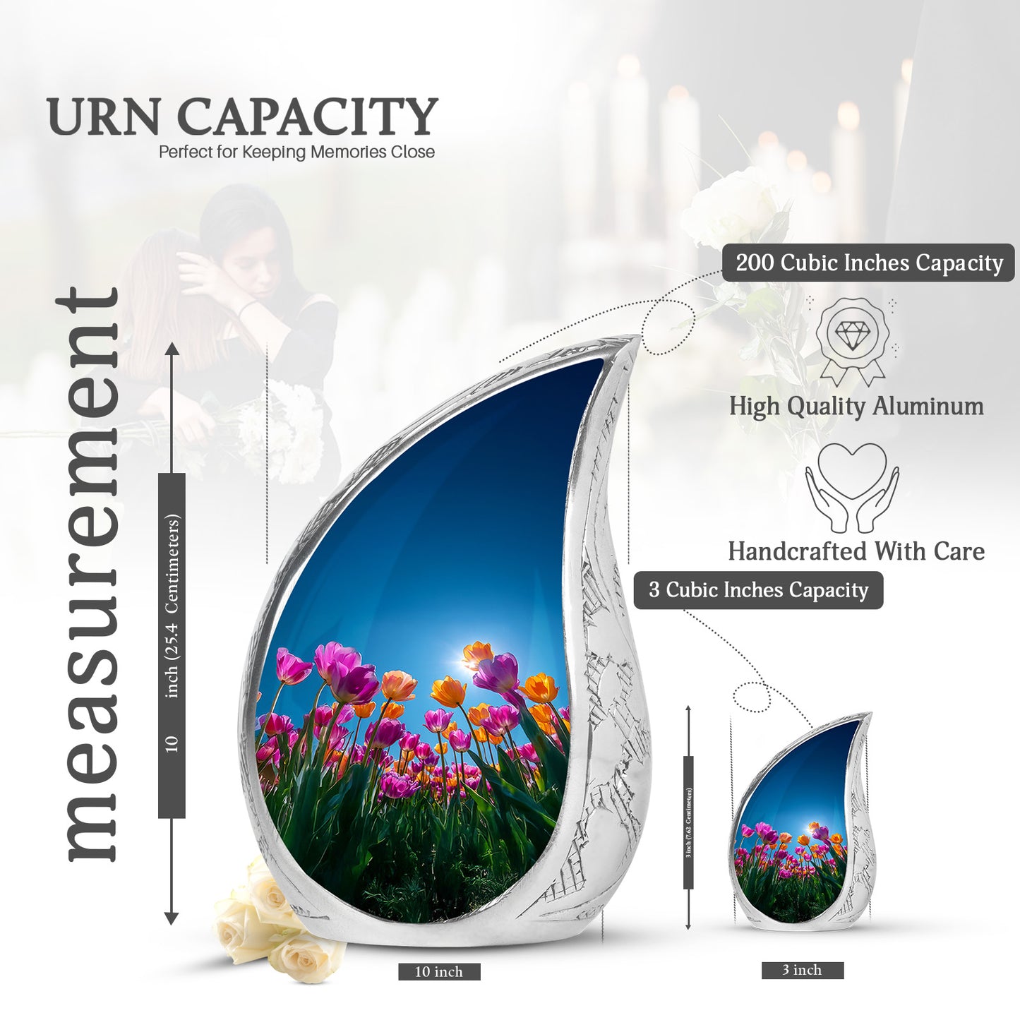Misty Blue Garden Tulip Cremation Urn angled view of lid and engraved motif - rounded teardrop garden tulip design with delicate detail - mini keepsake memorial for portion of cremation ashes